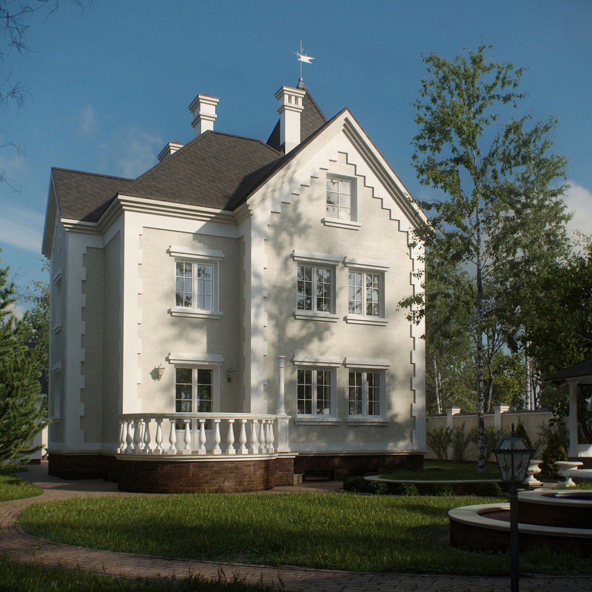 Exterior 3D visualization of a residential mansion with a green lawn from the back